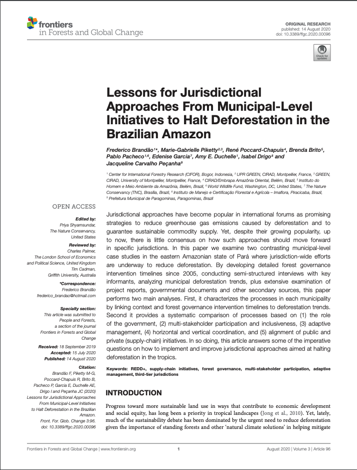 Lessons for Jurisdictional Approaches from Municipal-Level Initiatives to Halt Deforestation in the Brazilian Amazon