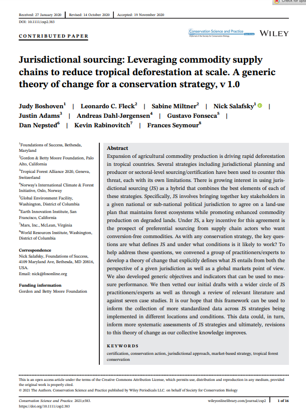 Jurisdictional Sourcing: Leveraging Commodity Supply Chains to Reduce Tropical Deforestation at Scale. A Generic Theory of Change for a Conservation Strategy, v1.0