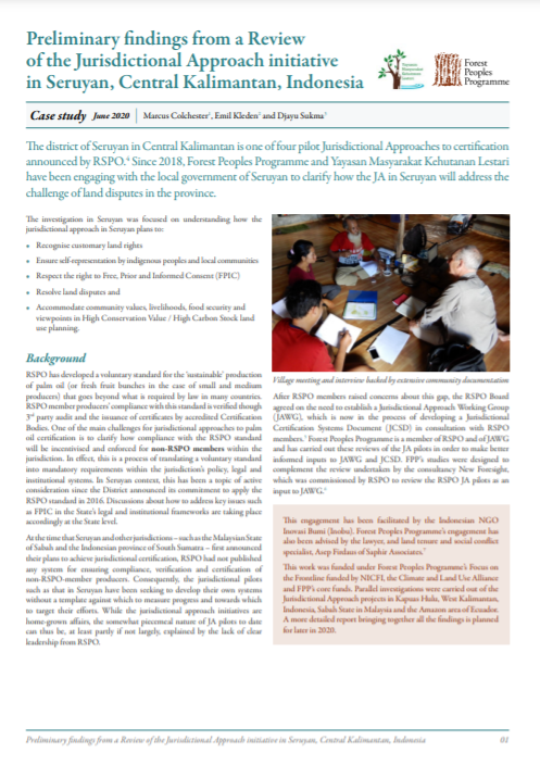 Preliminary findings from a Review of the Jurisdictional Approach initiative in Seruyan, Central Kalimantan, Indonesia