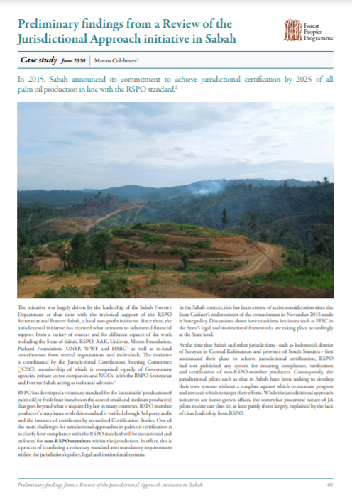 Preliminary Findings From a Review of the Jurisdictional Approach Initiative in Sabah, Malaysia