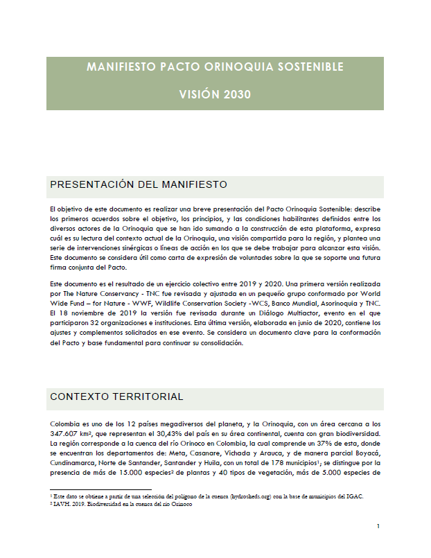 Sustainable Orinoquia Pact Manifesto: Vision 2030
