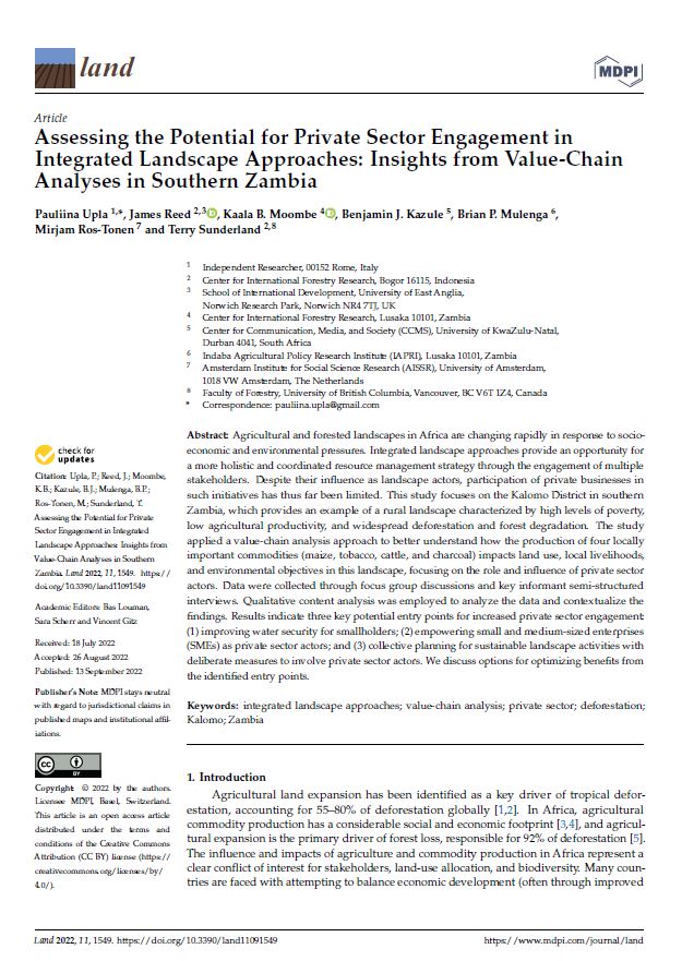 Assessing the Potential for Private Sector Engagement in Integrated Landscape Approaches: Insights from Value-Chain Analyses in Southern Zambia