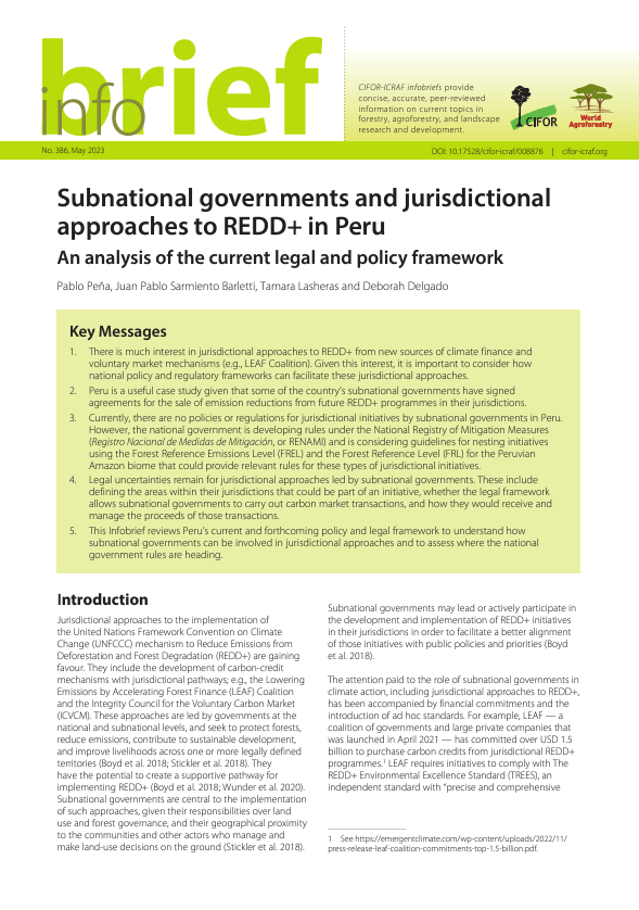Subnational Governments and Jurisdictional Approaches to REDD+ in Peru: An Analysis of the Current Legal And Policy Framework