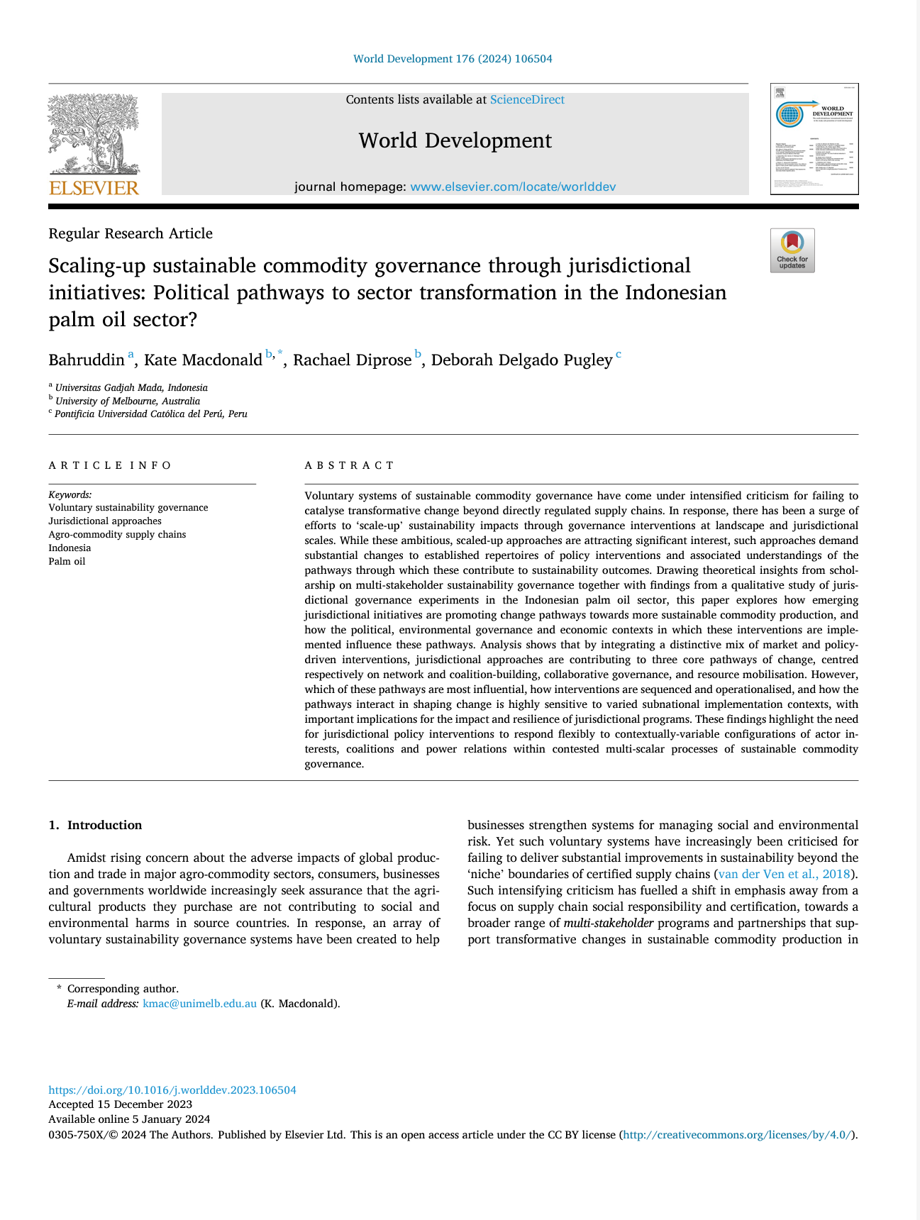 Scaling-up Sustainable Commodity Governance Through Jurisdictional Initiatives: Political Pathways to Sector Transformation in the Indonesian Palm Oil Sector