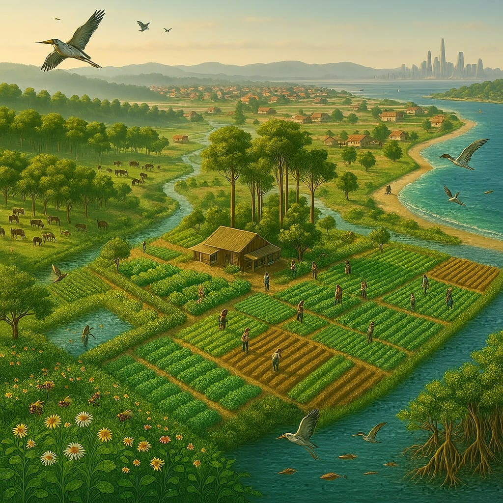 Illustration of a landscape with sustainable agricultural practices.
